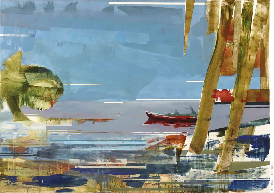 Abstract landscape painting of a lagoon, by California artist, Michael Azgour, titled Lagoon, 2020, oil and acrylic on canvas
