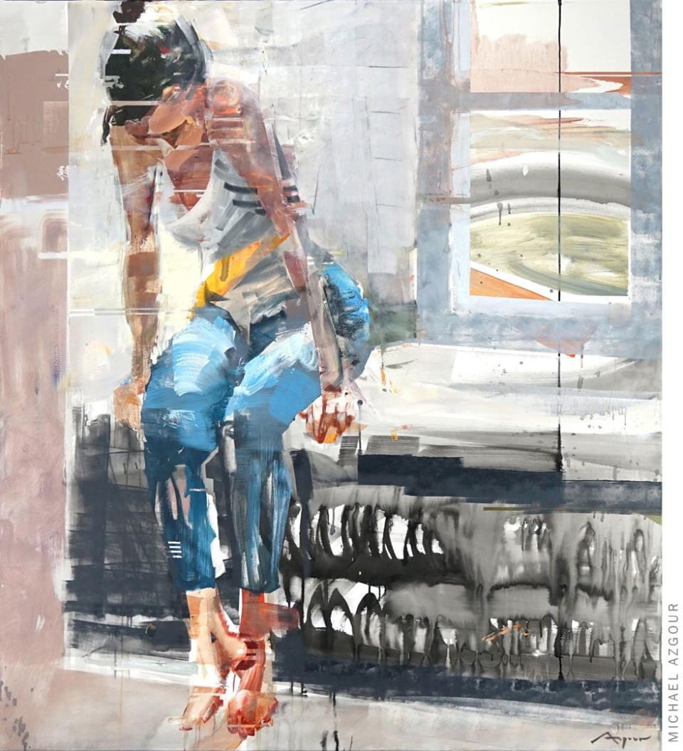 The artwork, Memorabilia, painted in 2020 by Contemporary expressive artist, Michael Azgour, depicts a woman sitting on a window ledge looking down