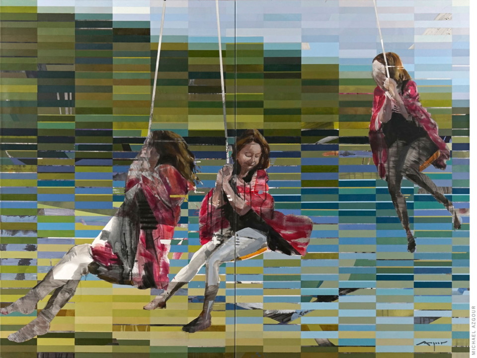 Painting depicting multiple figures during the action of swinging in a natural landscape setting. Artwork titled Girl on a Swing