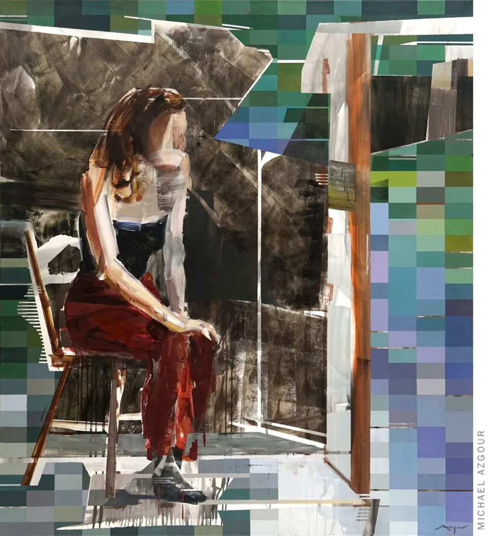 Abstract figurative painting depicting a female figure in a sitting position, titled Jungle