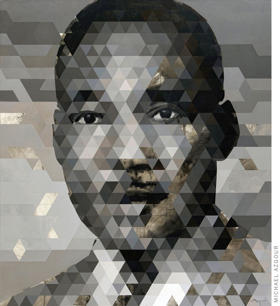 Painting titled Portrait of MLK depicting Martin Luther King Jr. as the center of the piece, a tribute to commemorate his legacy.