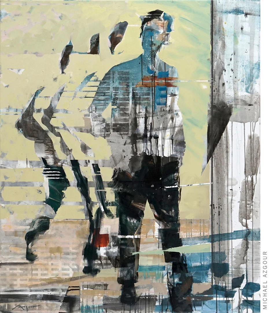 Painting depicting a male figure in a walking position, the artwork addresses the concept of movement and time in a given space., titled Transition 3.