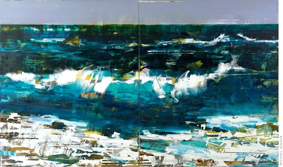 Ocean artwork depicting a wave crashing on the shore, a contemporary work by California artist Michael Azgour