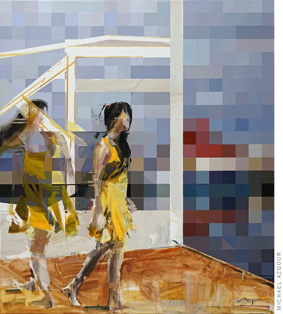 complex abstract depiction of a woman in two positions in oil and acrylic on canvas