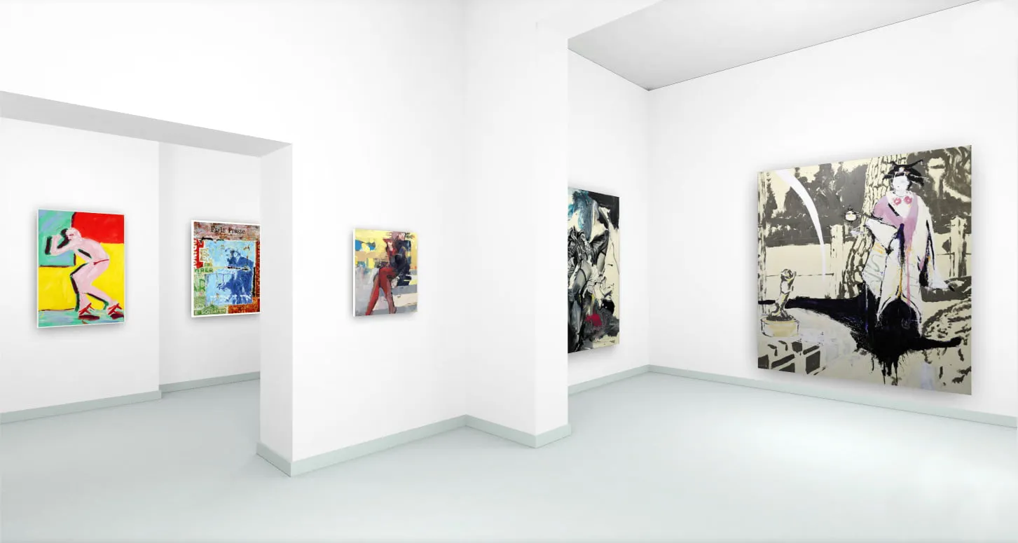 Contemporary art exhibition featuring colorful and abstract figurative paintings displayed in a white-walled gallery space.
