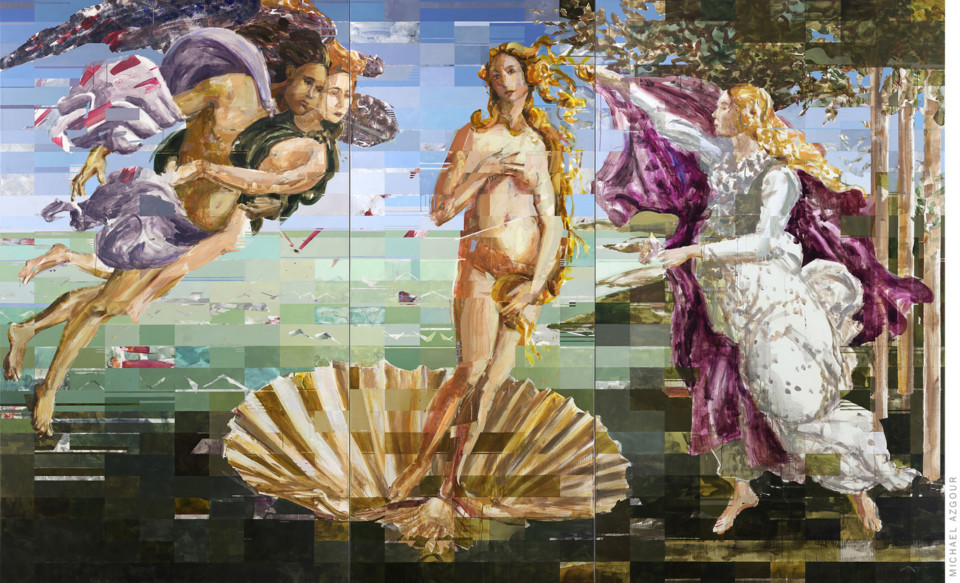 Included in the Pixels series, featuring geometric and figurative contemporary painting by Californian artist, Michael Azgour. Painting depicts an homage to Sandro Botticelli 's painting The birth of Venus. This painting titled Boticelli Venus