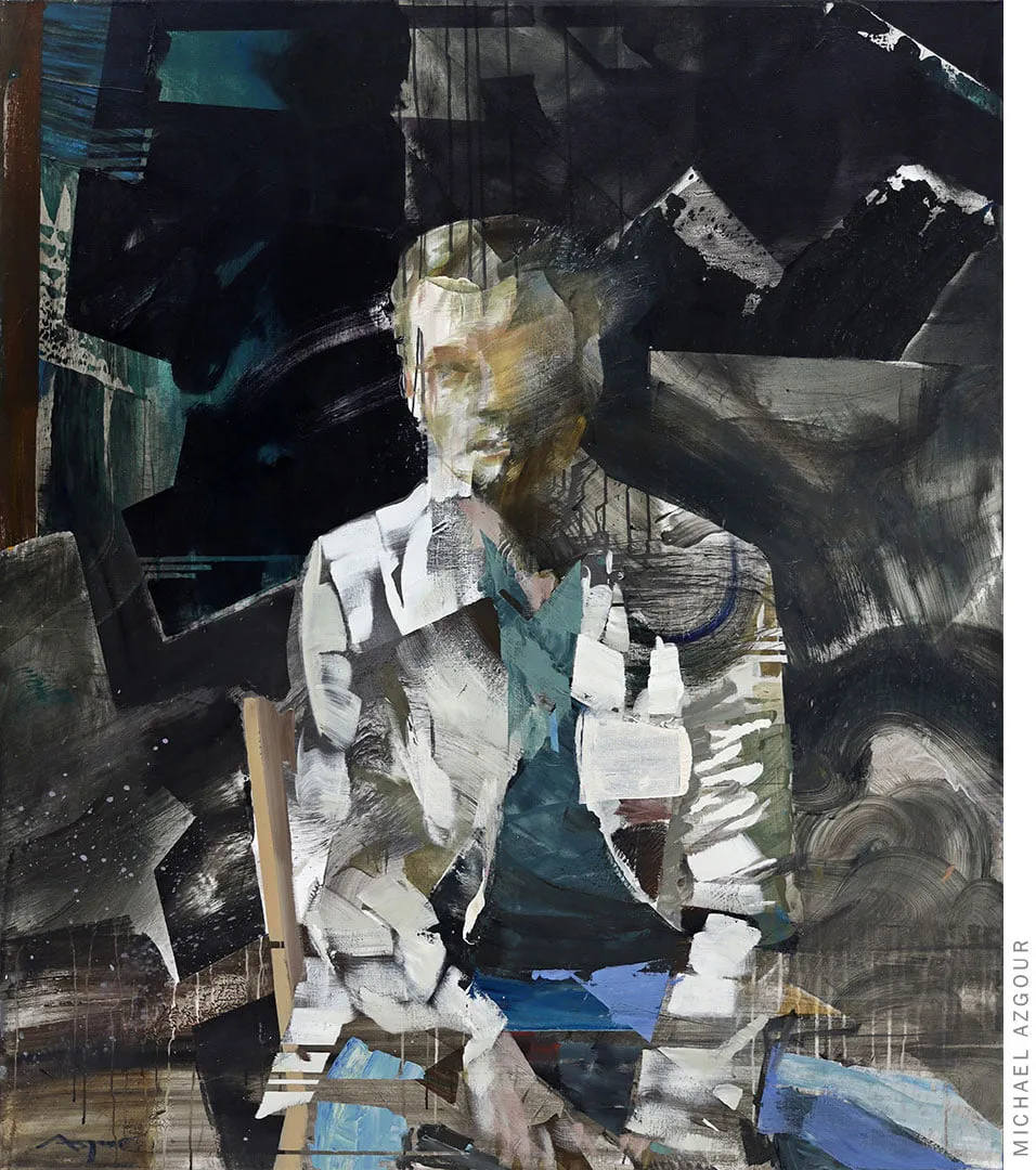 Abstract expressive figurative painting titled Eugeneusz by Californian artist Michael Azgour