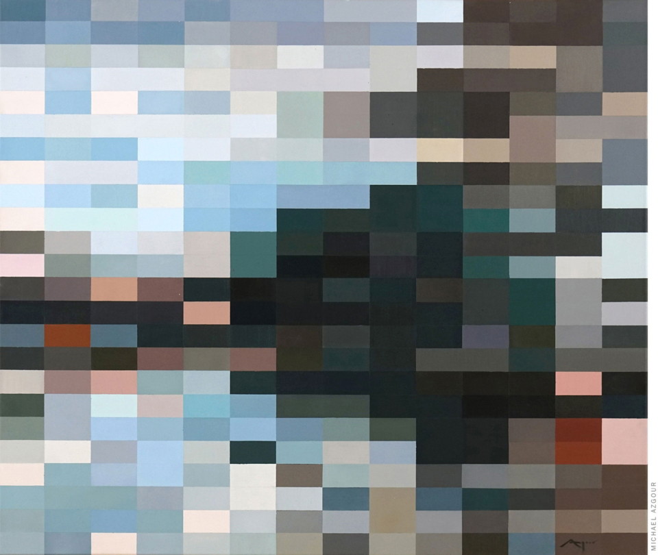 Geometric painting by contemporary artist, Michael Azgour titled Pixel Lake.