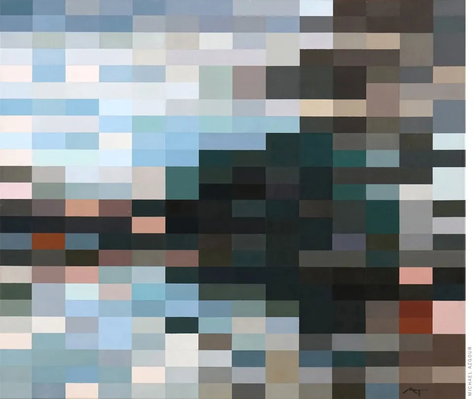 Geometric painting by contemporary artist, Michael Azgour titled Pixel Lake.