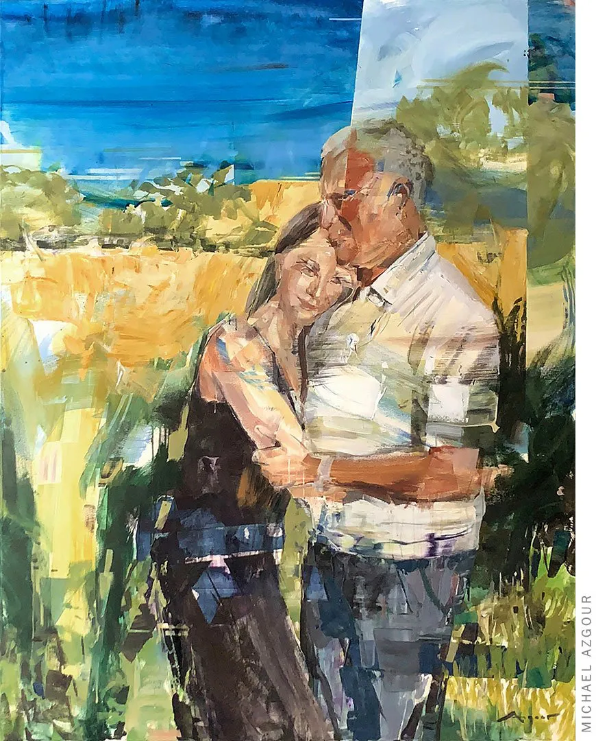 Contemporary figurative painting titled Journey Together, depicting expressive male and female figures next to each other. Original painting by contemporary artist Michael Azgour