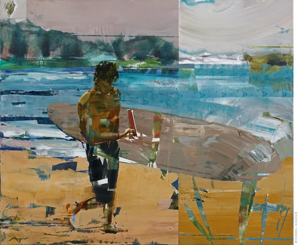 Painting of a surfer carrying a surfboard, walking on a beach titled 2022-Longboarder by artist, Michael Azgour