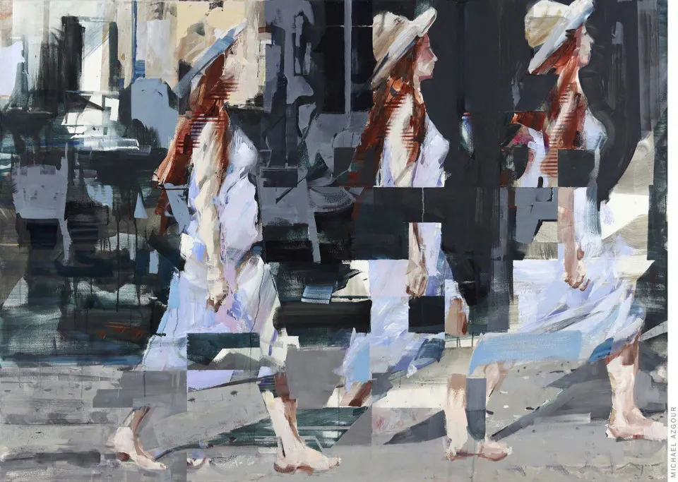 Painting depict figures of women moving, titled Constructing the Woman in the Lavender Dress, by abstract figurative artist, Michael Azgour