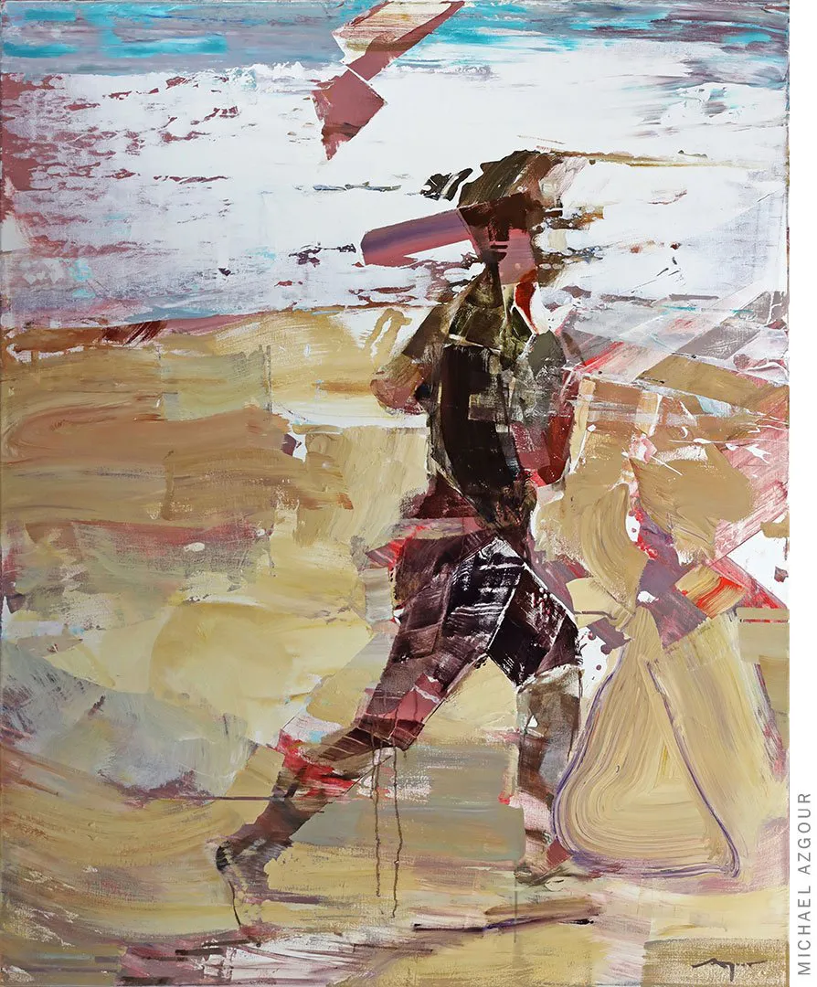 Original abstract expressive figurative painting titled Runner by contemporary artist, Azgour, depicting a figure running on the shore
