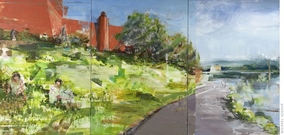 Painting depicts a landscape terrain and river bank with architectural element in the scene.