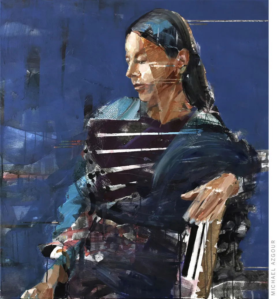Figurative painting titled Isabelle depicting a female figure in a blue dress posing, resting her arm on a chair. Contemporary painting by artist Michael Azgour