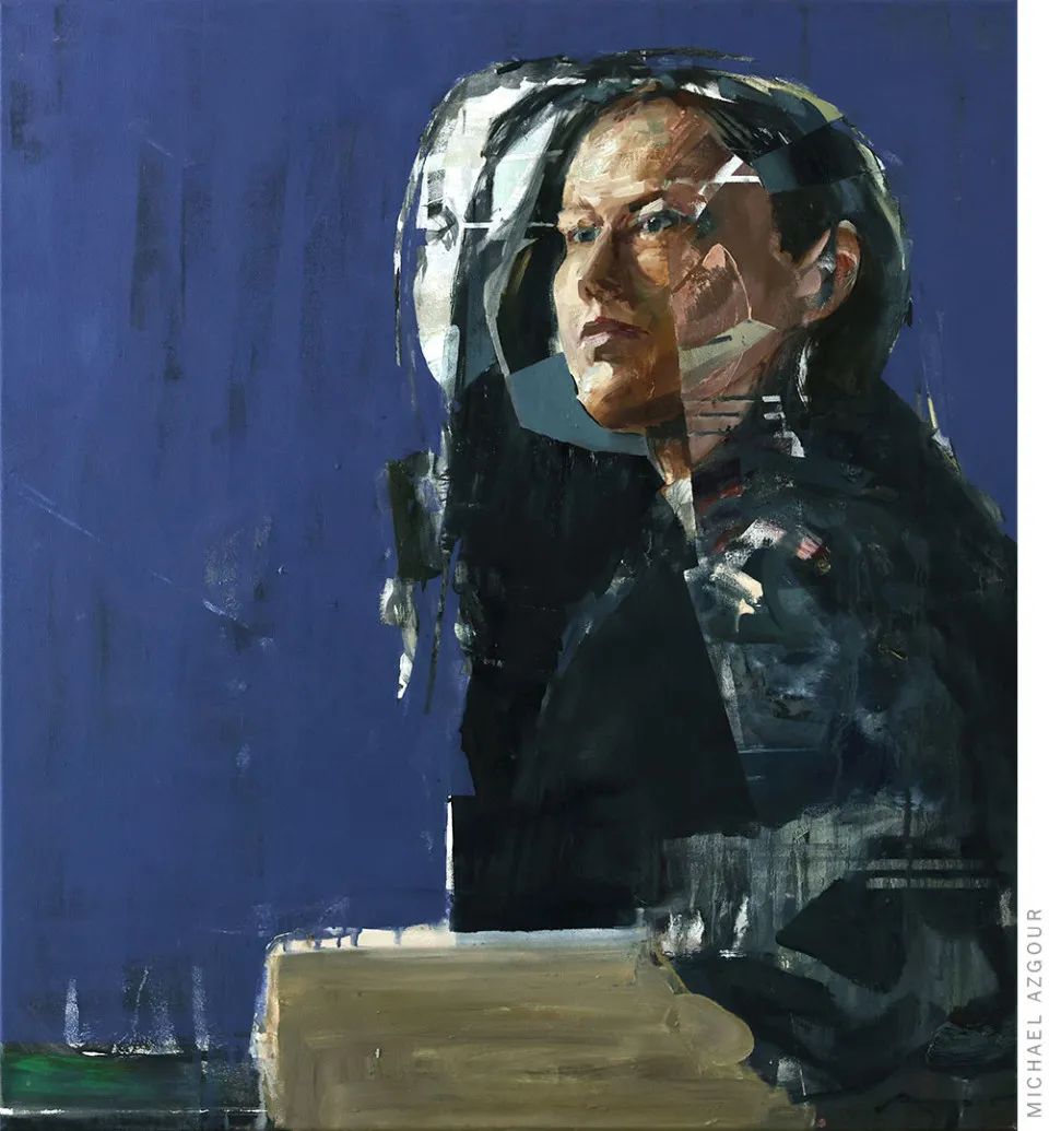 Contemporary figurative painting titled Janeta depicting a female figure posing and looking away. Contemporary painting by artist Michael Azgour