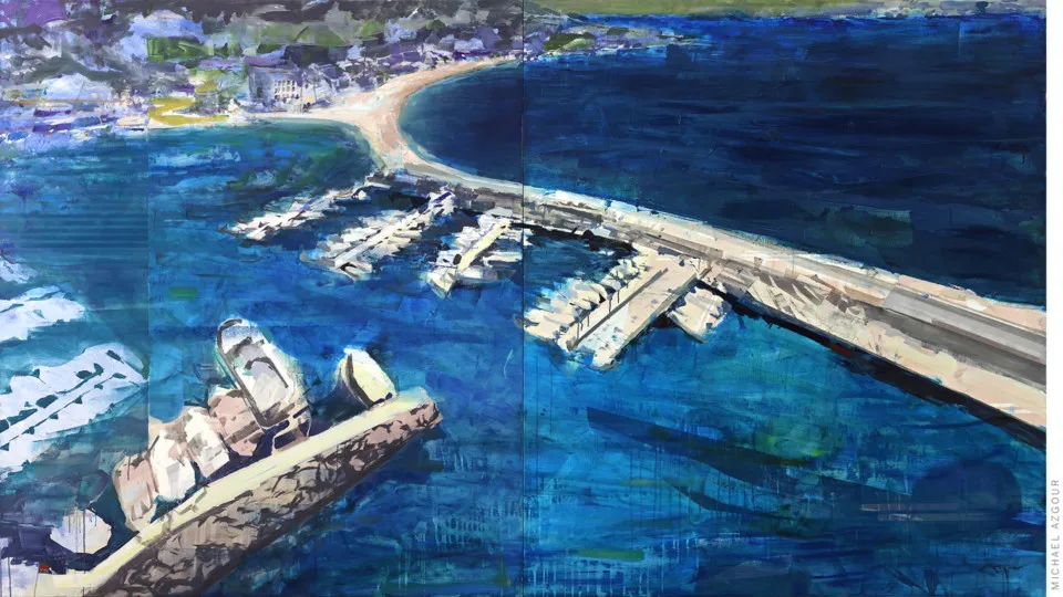 A vibrant, semi-abstract painting of the Cassis harbor by artist Michael Azgour, featuring deep blue waters, docked boats, and a winding coastal bridge.