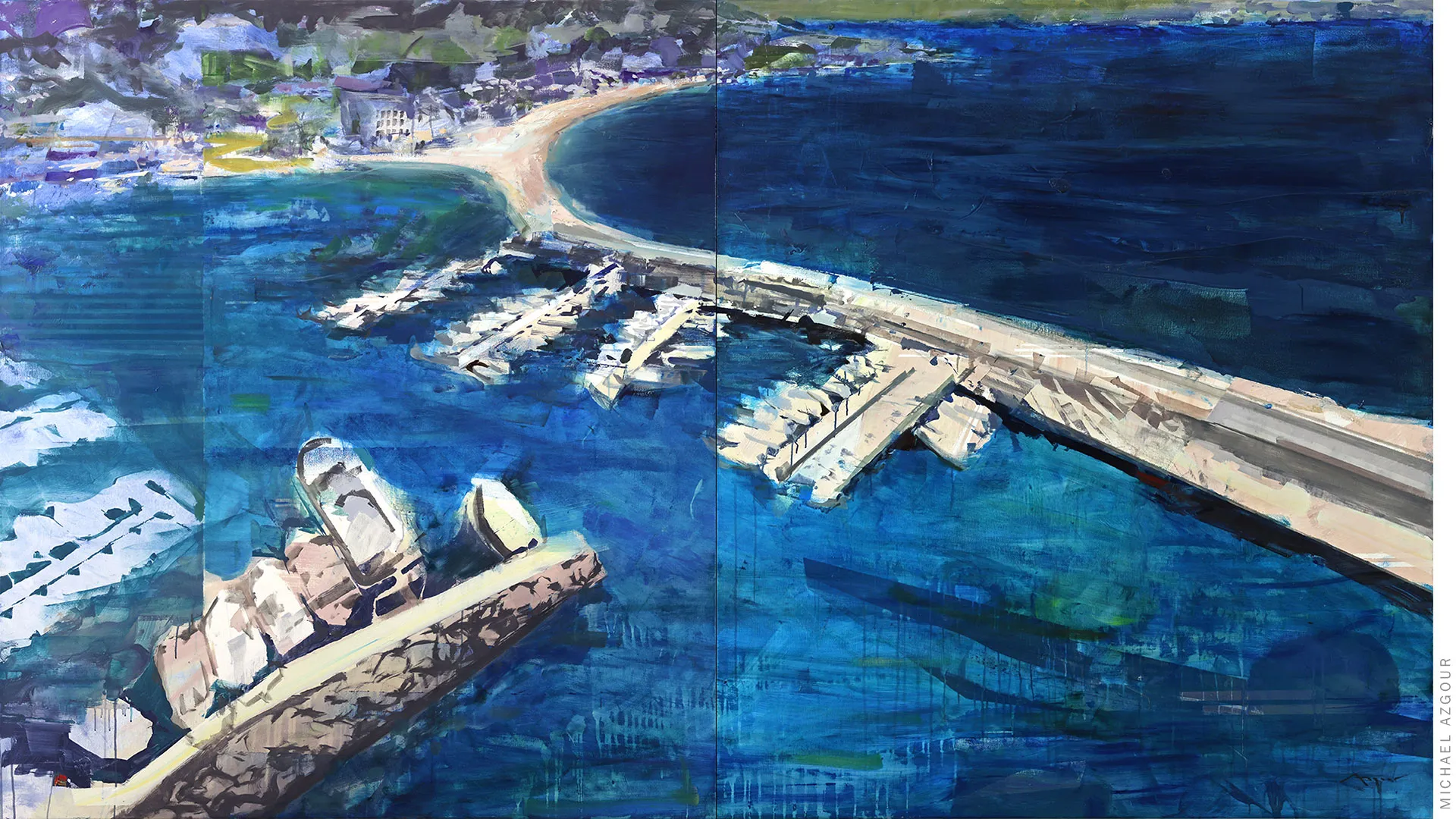 A vibrant, semi-abstract painting of the Cassis harbor by artist Michael Azgour, featuring deep blue waters, docked boats, and a winding coastal bridge.