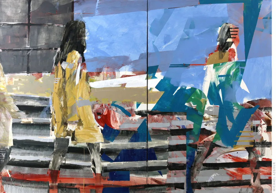 Complex abstract depiction of a woman in two positions, contemporary painting on canvas by artist Michael Azgour