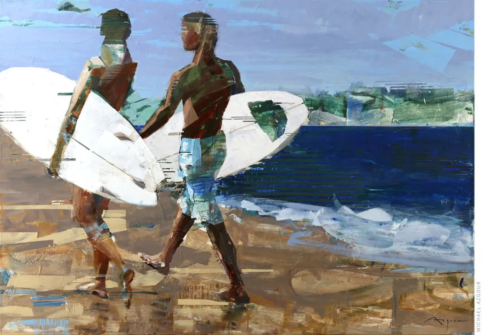 Painting of a surfers carrying a surfboard, walking on a beach titled G&K by artist, Michael Azgour