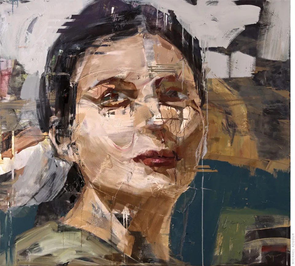 Contemporary figurative painting titled Genma depicting a female portrait posing and looking away. Contemporary painting by artist Michael Azgour