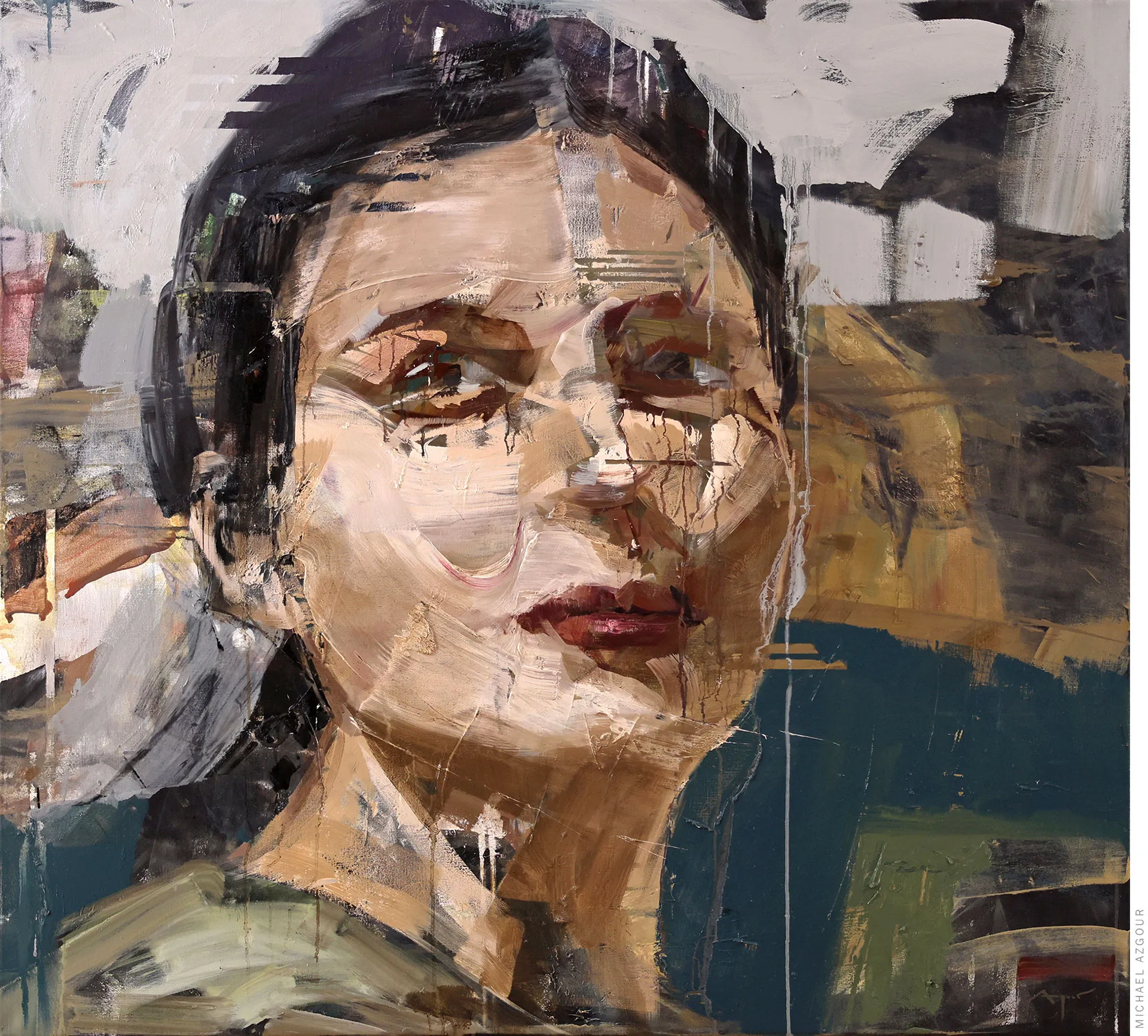 Contemporary figurative painting titled Genma depicting a female portrait posing and looking away. Contemporary painting by artist Michael Azgour