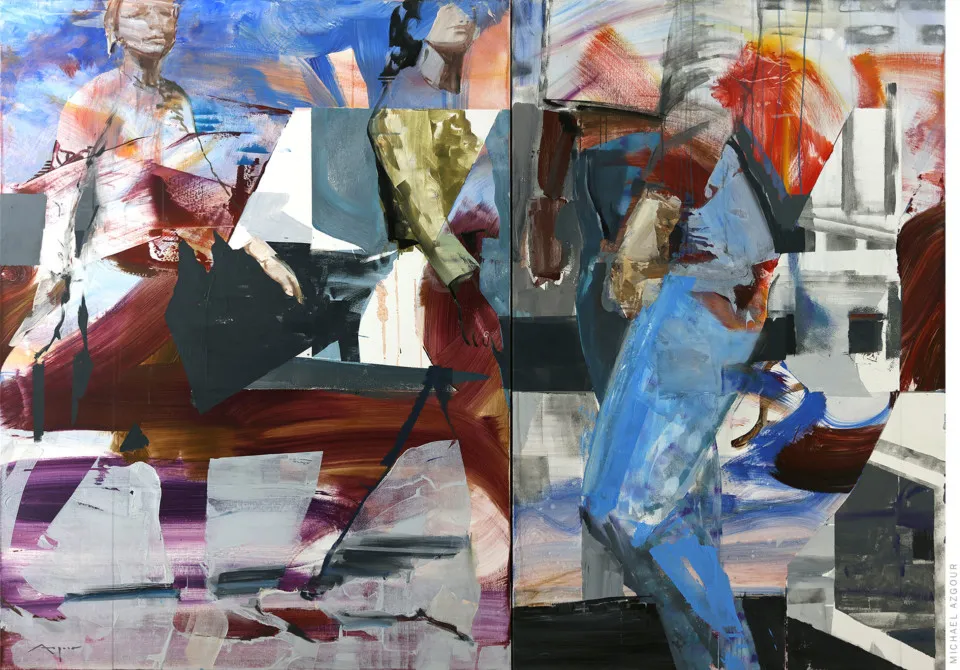 Abstract expressive figurative painting titled Genma Walking by Californian artist Michael Azgour, vibrant colors invites interpretation