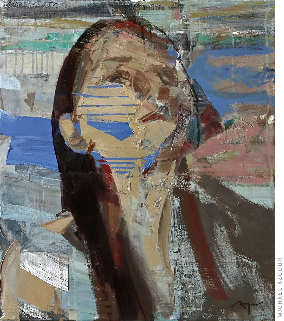 Contemporary figurative painting titled Hanna depicting a female figure posing and looking away. Contemporary painting by artist Michael Azgour