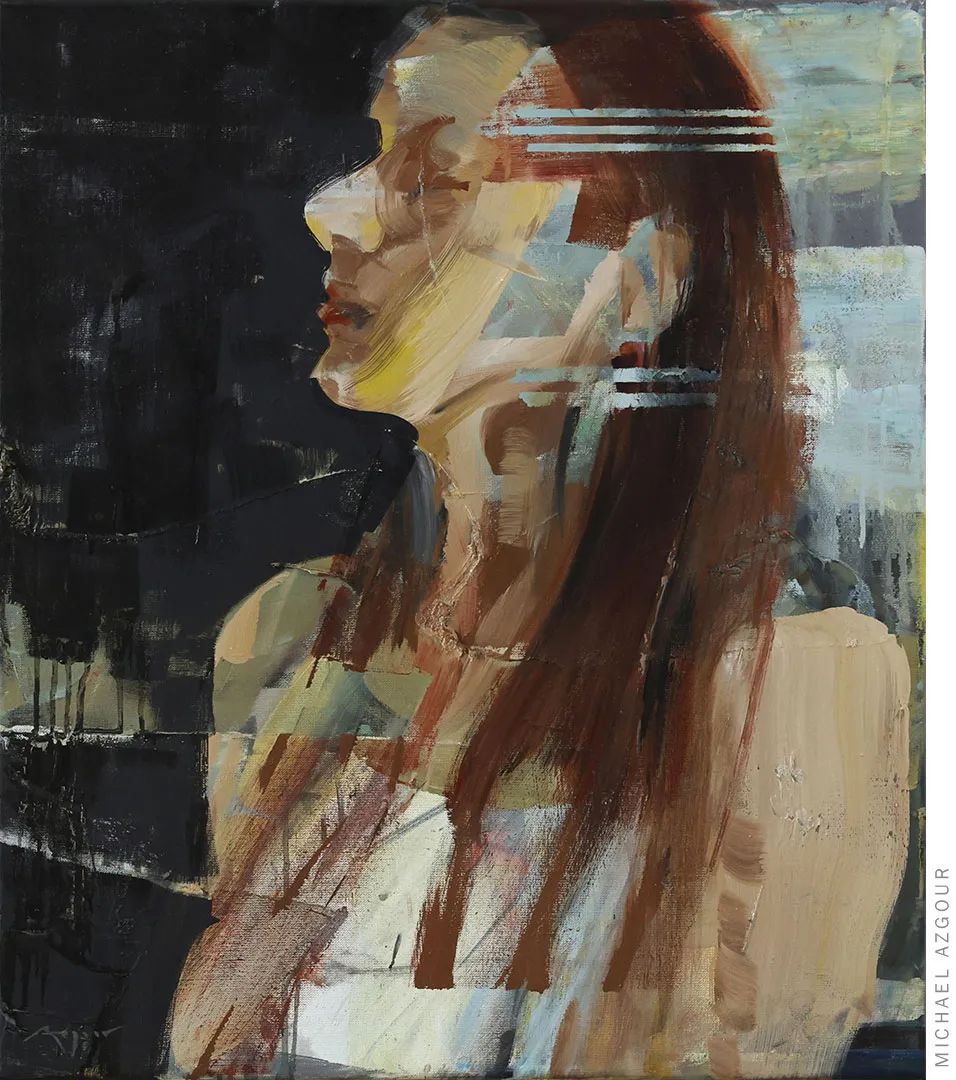 Contemporary figurative painting titled Hanna depicting a female figure posing and looking away. Contemporary painting by artist Michael Azgour