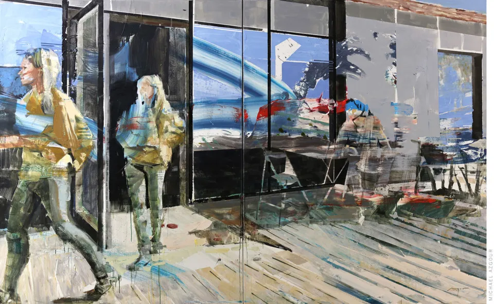 Original painting titled In and Out of Frame depicting women walking out of the building. Contemporary artwork by artist Michael Azgour.