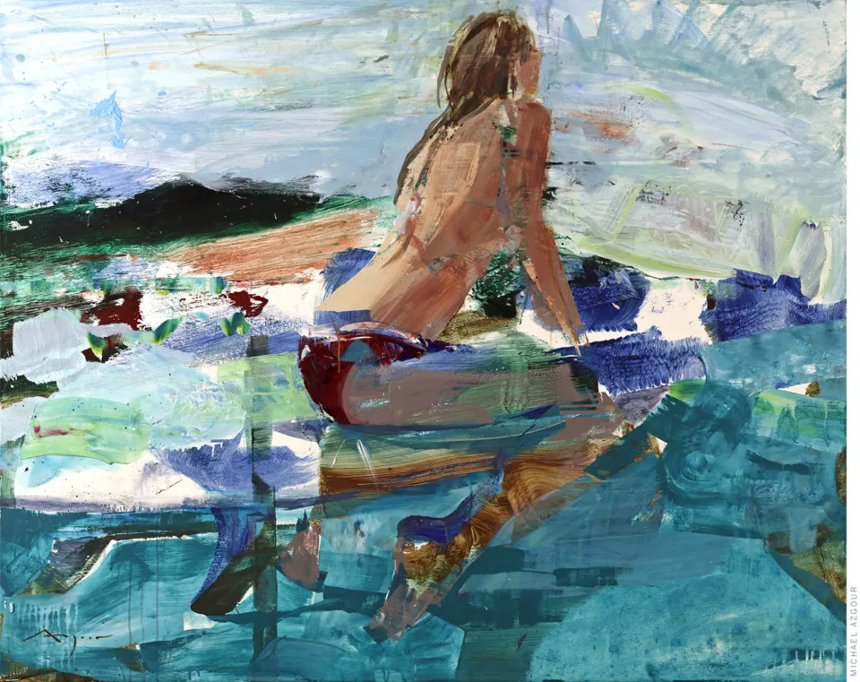 Painting depicting a female figure on a paddleboard in a seascape setting. Artwork titled Layla by Californian artist Michael Azgour.