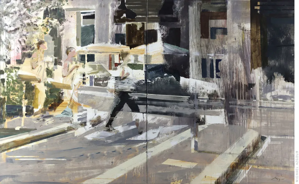 Abstract expressive figurative painting in an urban setting titled Milan by Californian artist Michael Azgour