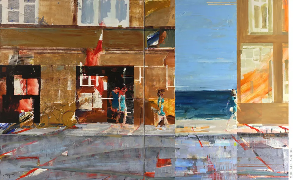 Abstraction in contemporary art, this painting depicts a post office with people waking out, painting titled Post Office by Californian artist Michael Azgour