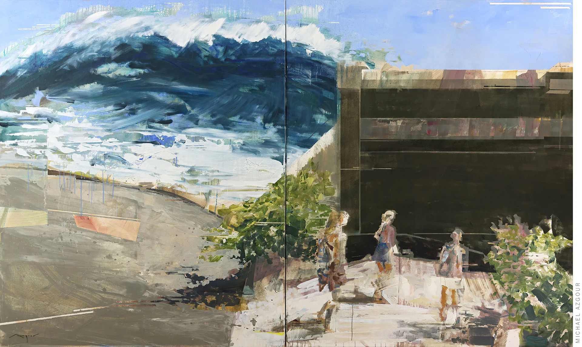 "Searching for Homeland" – Abstract narrative painting by American artist Michael Azgour, featuring fragmented figures and a dynamic landscape blending realism and abstraction.