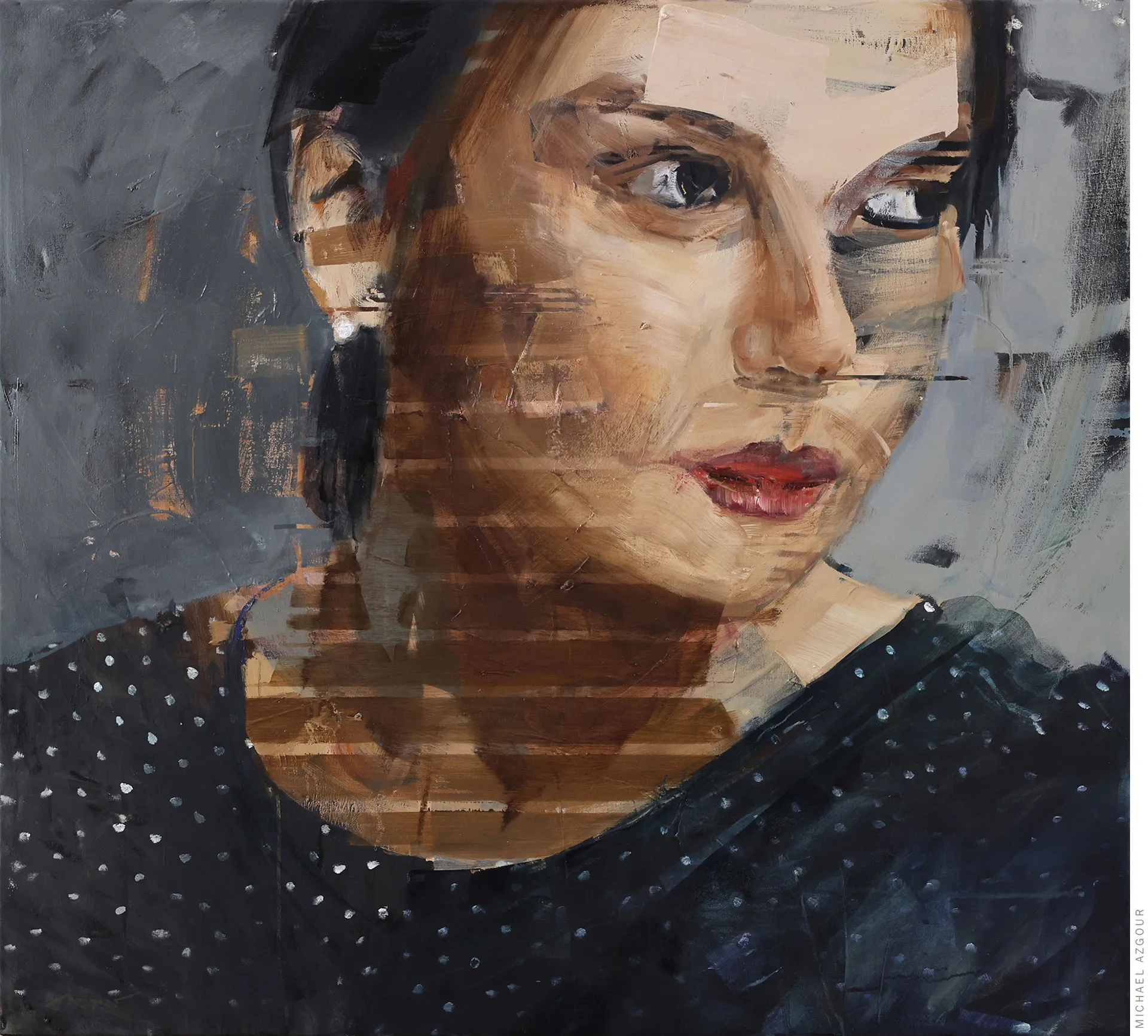 Representational figurative painting titled The Pearl Earing depicting a female portrait looking away. Contemporary painting by artist Michael Azgour