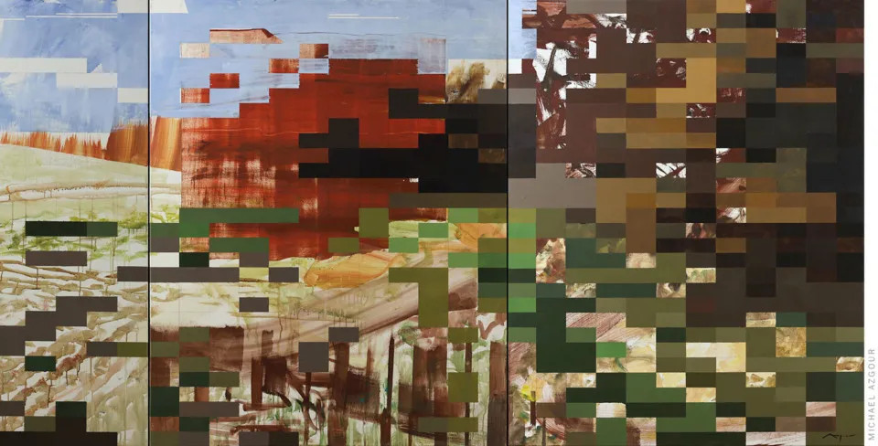 Geometric painting with expressive brushwork by contemporary artist, Michael Azgour titled and the Forest Observed, invites interpretation and contemplation