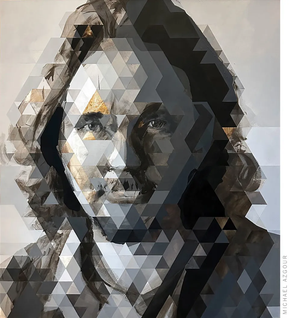 Portrait of Eddie Vedder, Painting of Eddie Vedder in the style of geometric triangular pattern by contemporary artist Michael Azgour highlighting a new and fresh technique in creating portraits.