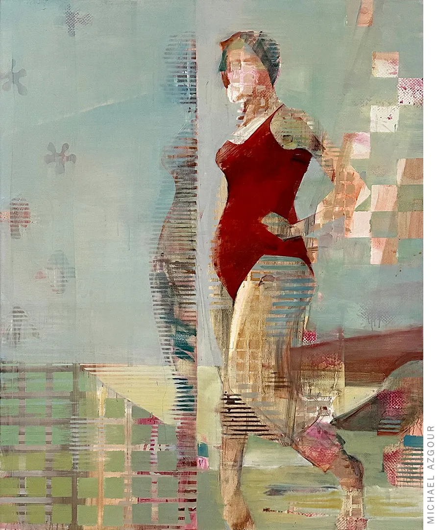 Abstract expressive painting depicting a female figure standing on the shore in red swimming suit. Original artwork titled Rose by contemporary artist Michael Azgour