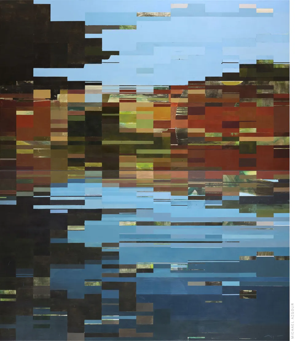 Geometric abstract painting by contemporary artist, Michael Azgour titled Boat House. Geometric composition featuring layered strips and textures and interesting color combinations.