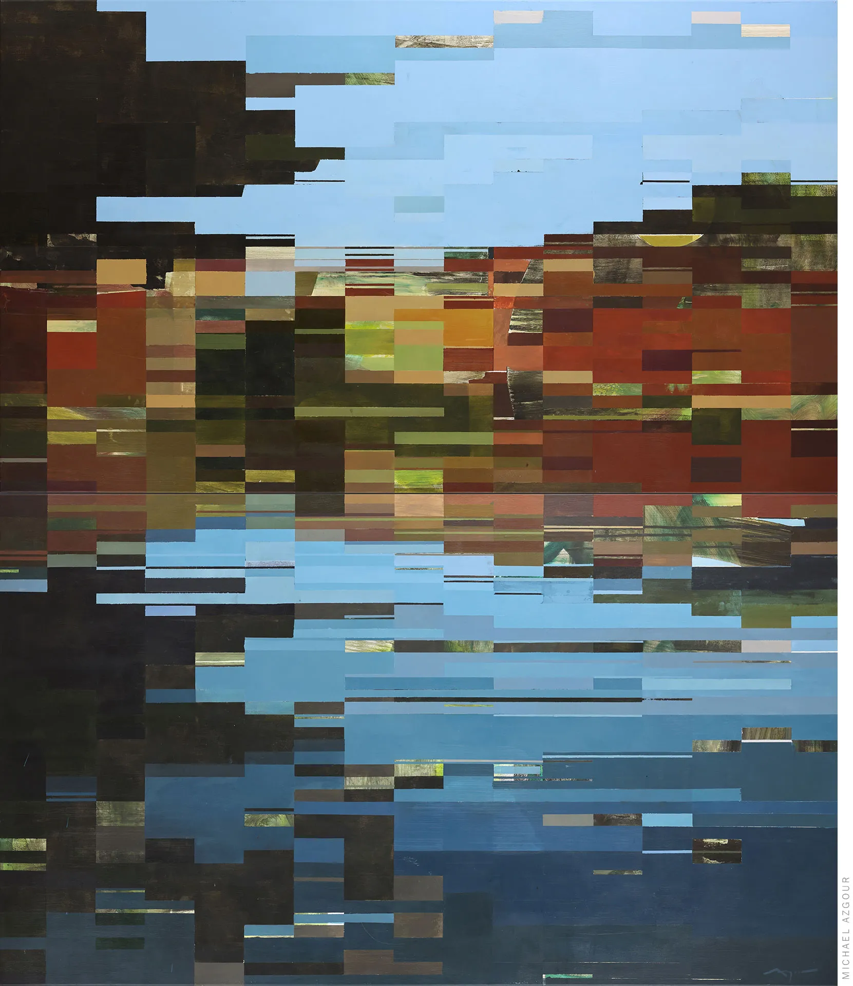 Geometric abstract painting by contemporary artist, Michael Azgour titled Boat House. Geometric composition featuring layered strips and textures and interesting color combinations.