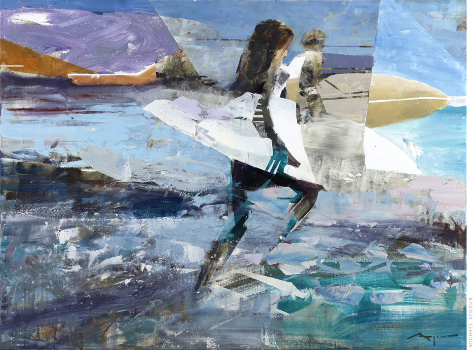 Dynamic composition, Original contemporary painting of a energetic surfers with surfboard running towards the sea, titled 2024-Charging by artist, Michael Azgour