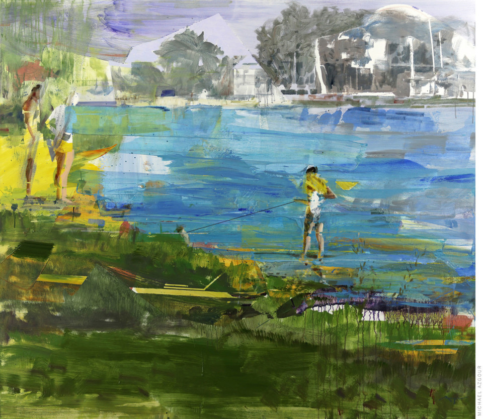 Expressive landscape scenery painting depicting figures of people in a natural setting by the lake, original by contemporary artist, Michael Azgour, titled Girl and Her Dog.