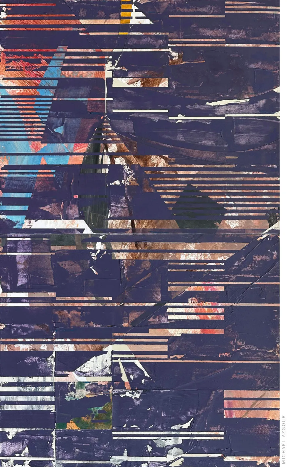 Abstract painting titled 'Once Was, Will Always Be 2' by contemporary artist Michael Azgour. A geometric composition featuring layered textures and rich color contrasts.