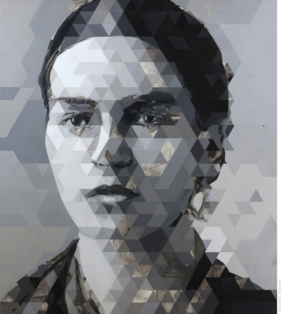 Portrait of Frida Kahlo, Painting of Frida Kahlo in the style of geometric triangular pattern by contemporary artist Michael Azgour highlighting a new and fresh technique in creating portraits.