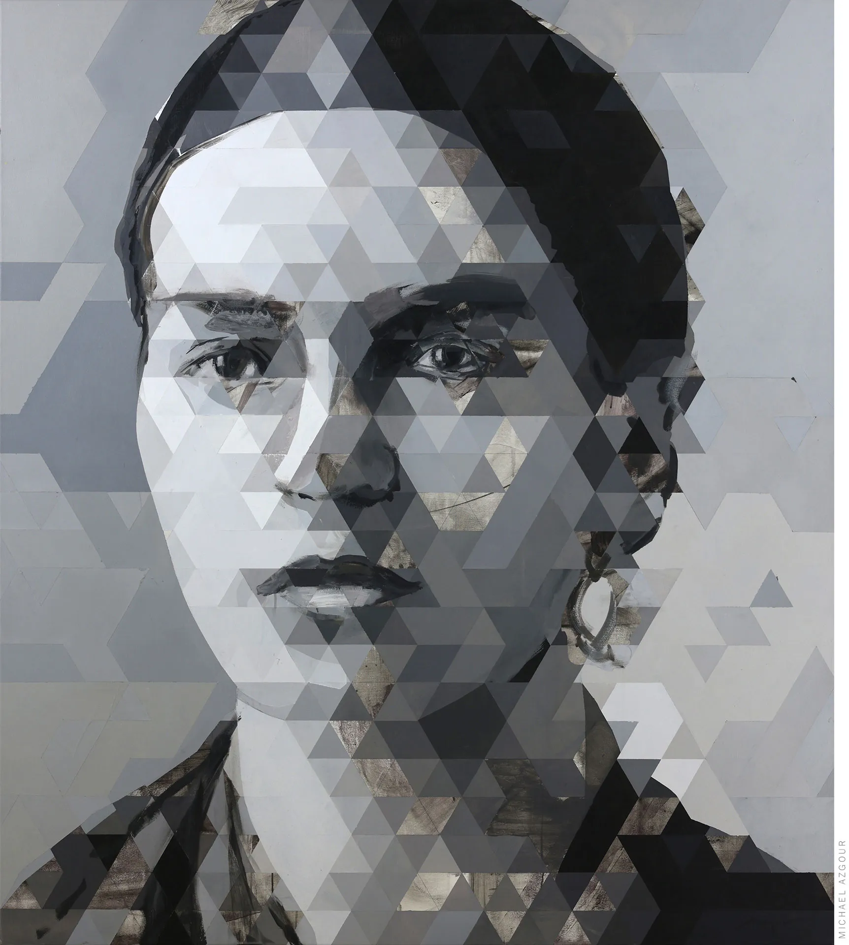 Portrait of Frida Kahlo, Painting of Frida Kahlo in the style of geometric triangular pattern by contemporary artist Michael Azgour highlighting a new and fresh technique in creating portraits.