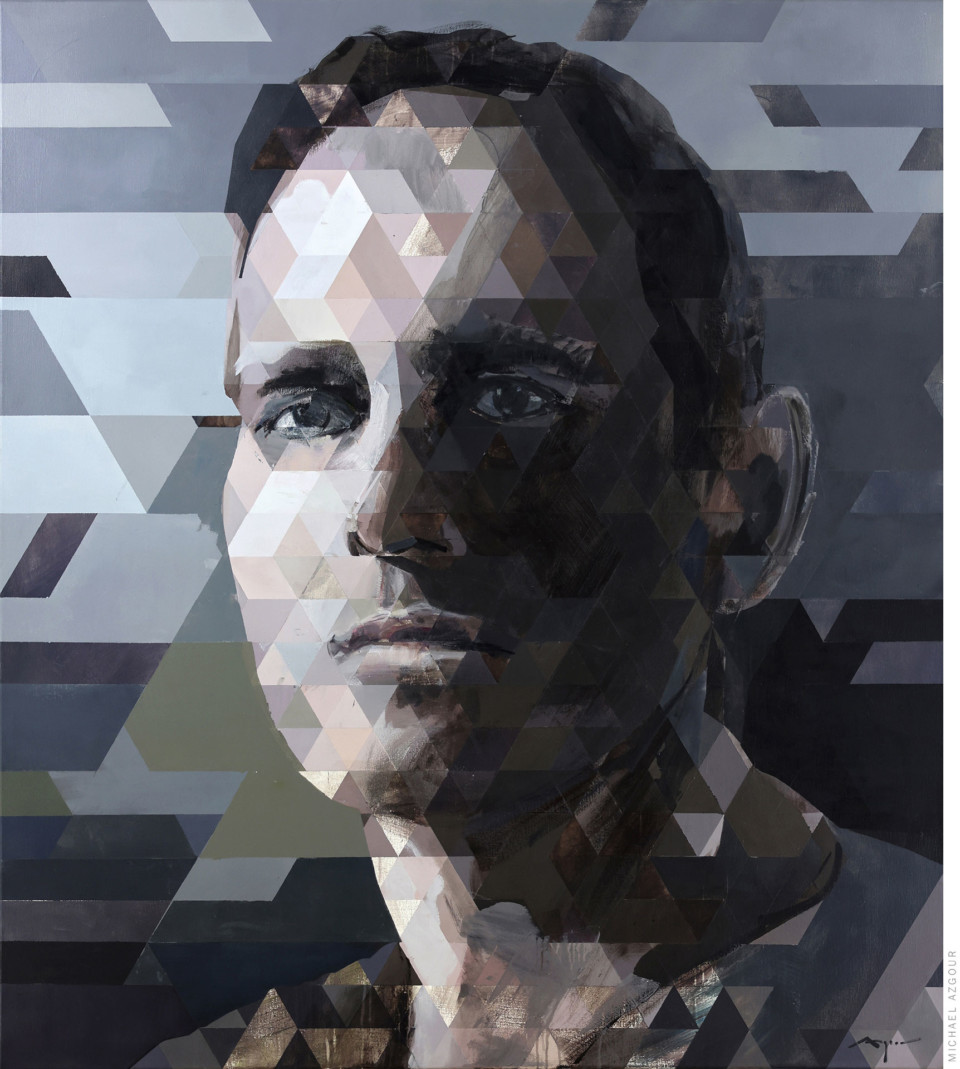 Self Portrait, in the style of geometric triangular pattern by contemporary artist Michael Azgour highlighting a new and fresh technique in creating portraits. Light and shadow contrast creates an interesting hook to the viewers