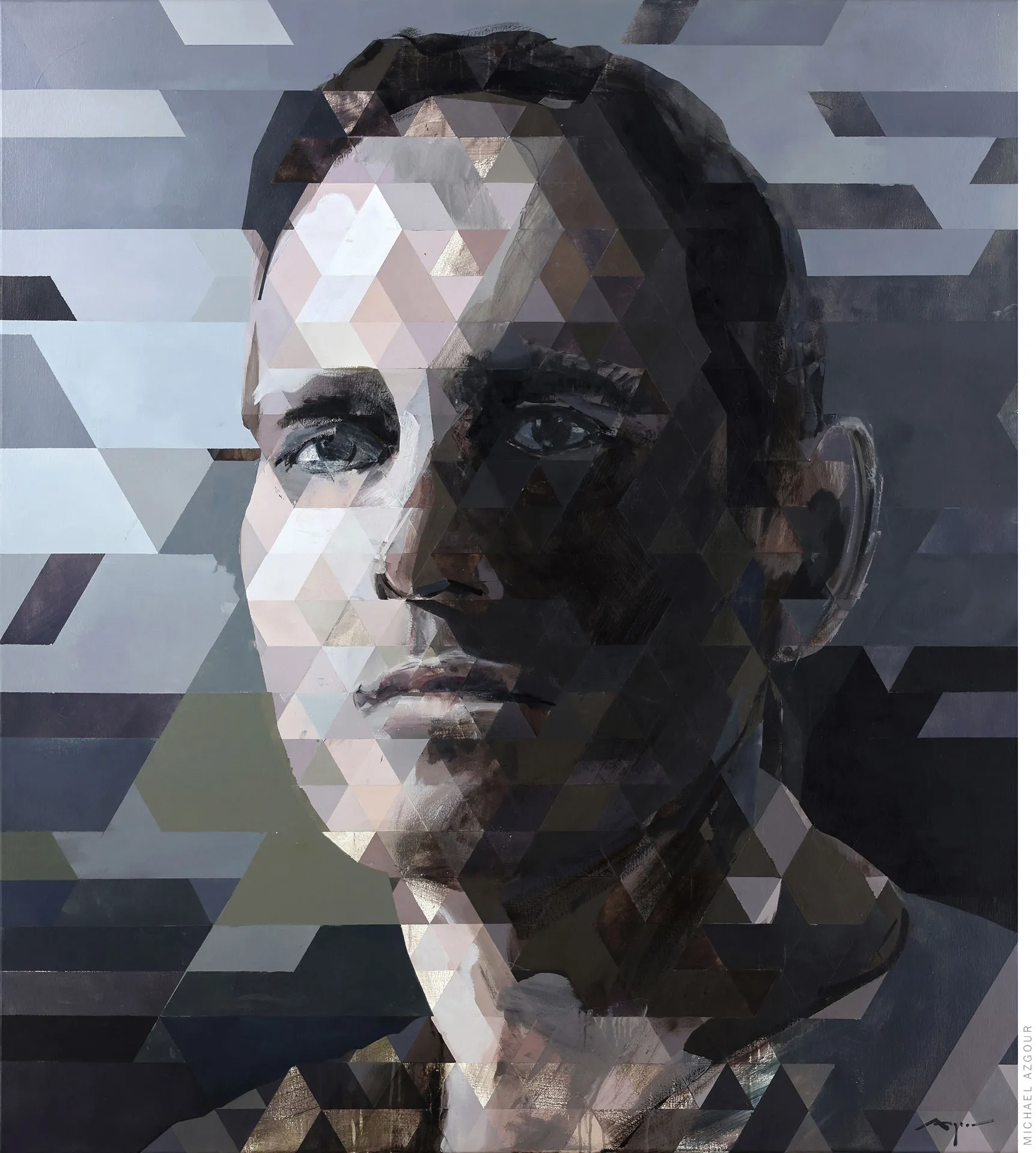 Self Portrait, in the style of geometric triangular pattern by contemporary artist Michael Azgour highlighting a new and fresh technique in creating portraits. Light and shadow contrast creates an interesting hook to the viewers