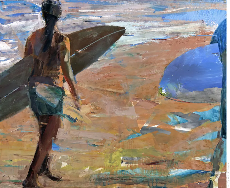 Figurative painting of a surfer carrying a surfboard, walking on a beach titled 2024-Surfer-Girl by contemporary artist, Michael Azgour