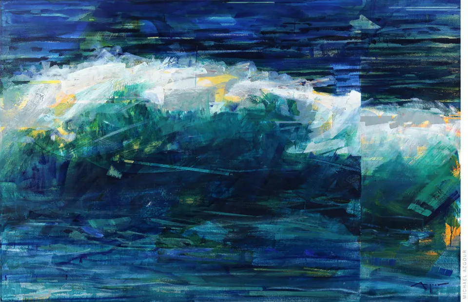Painting by artist Michael Azgour, depicting a rough wave crashing on the ocean shore, a contrasting element to the calm horizon, titled Wave 10