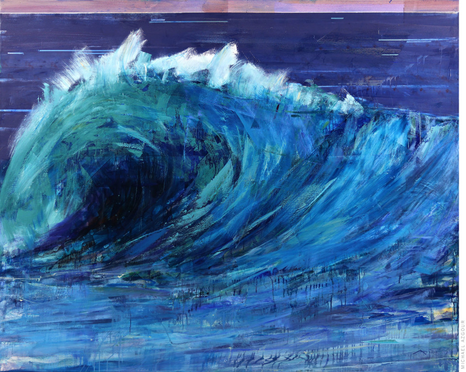 Original contemporary painting by artist Michael Azgour, depicting a rough wave crashing in the ocean, a contrasting element to the calm horizon, with vibrant attractive glowing blue color, titled Wave 8